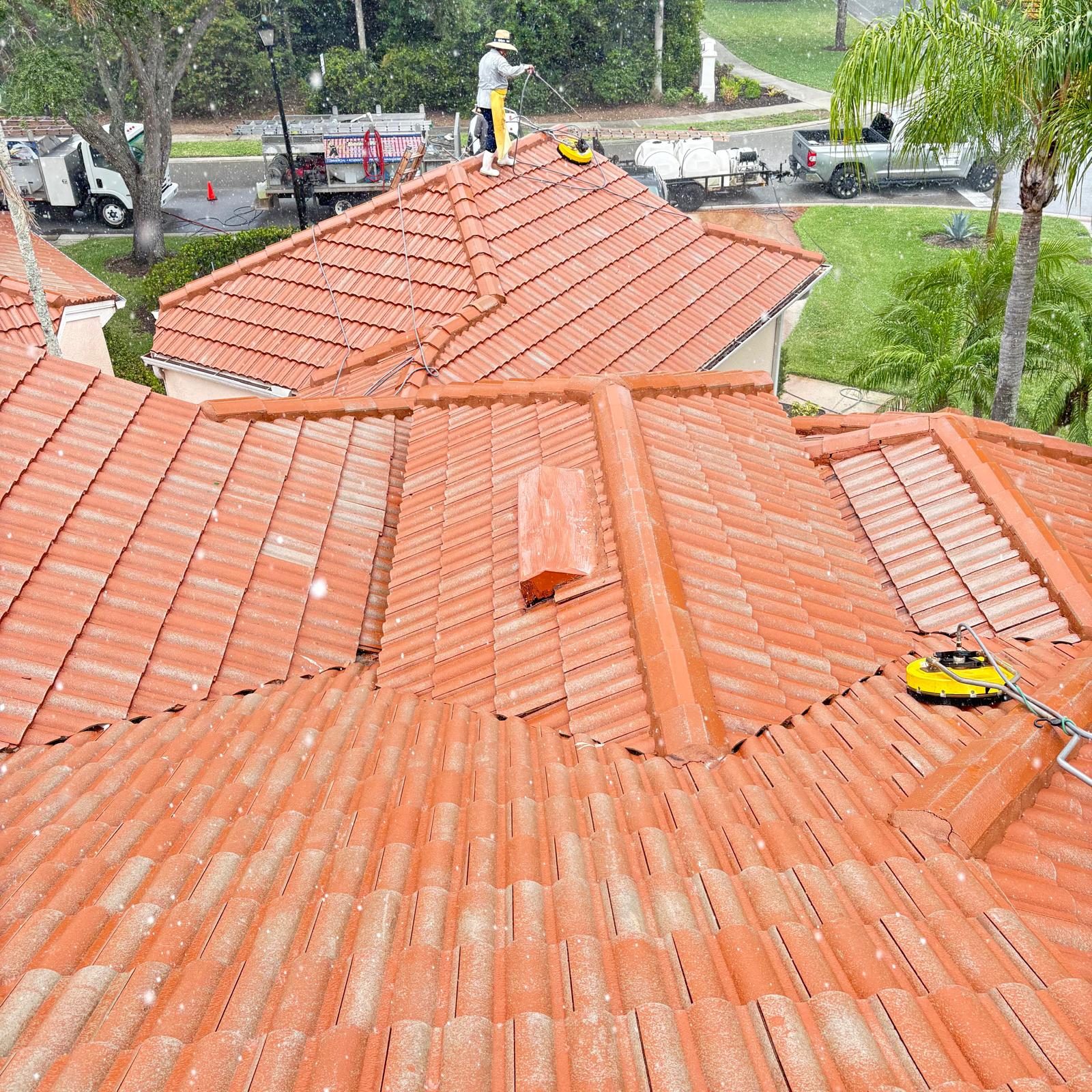 Tile roof aerial during cleaning — SW Florida