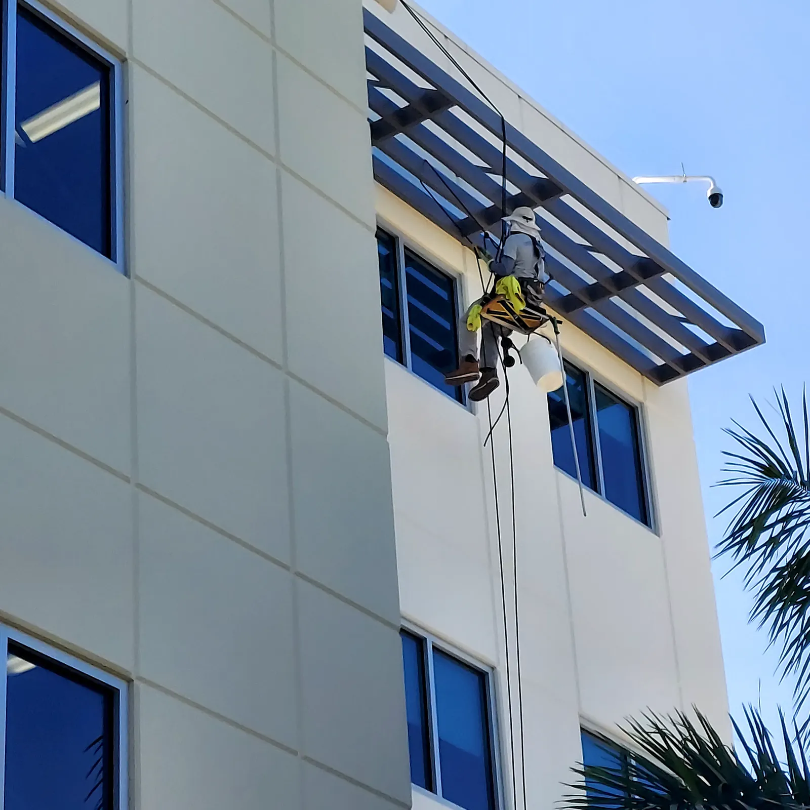 Rope access window washing on commercial building — SW Florida
